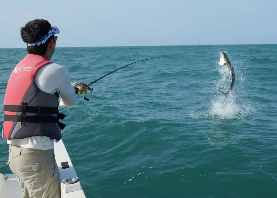 The author fighting a Tarpon in Nicaragua hooked on a jig.