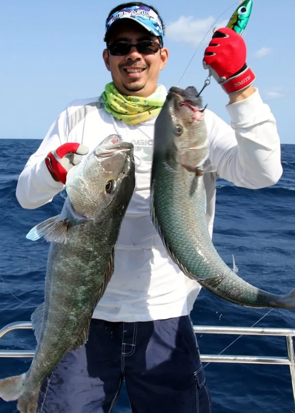 Two Green Jobfish caught on the same Heru Bobara lure in Australia