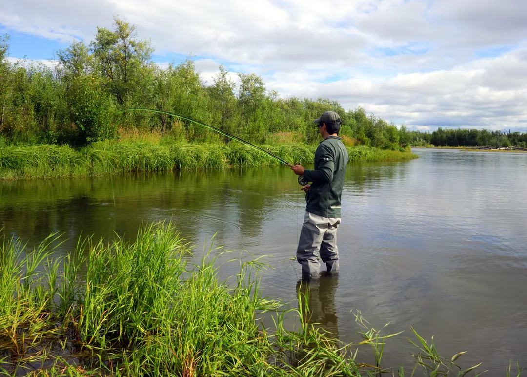 The author fighting a Sockeye Salmon from the bank.