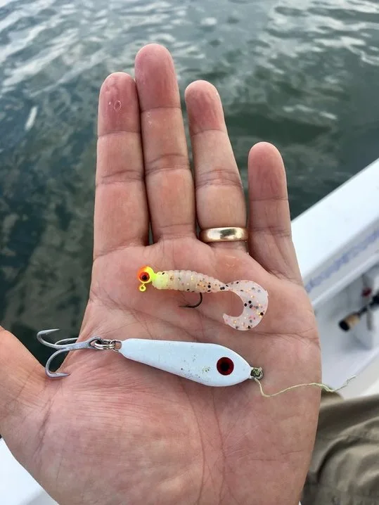 A curly tail grub and a slab for jigging for White Bass