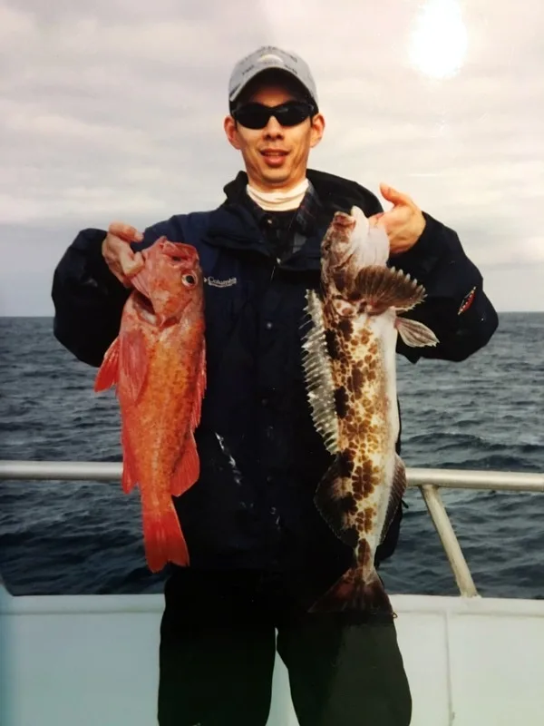 A nice Vermillion Rockfish with a Lingcod, both caught back in the day off Big Sur, California.
