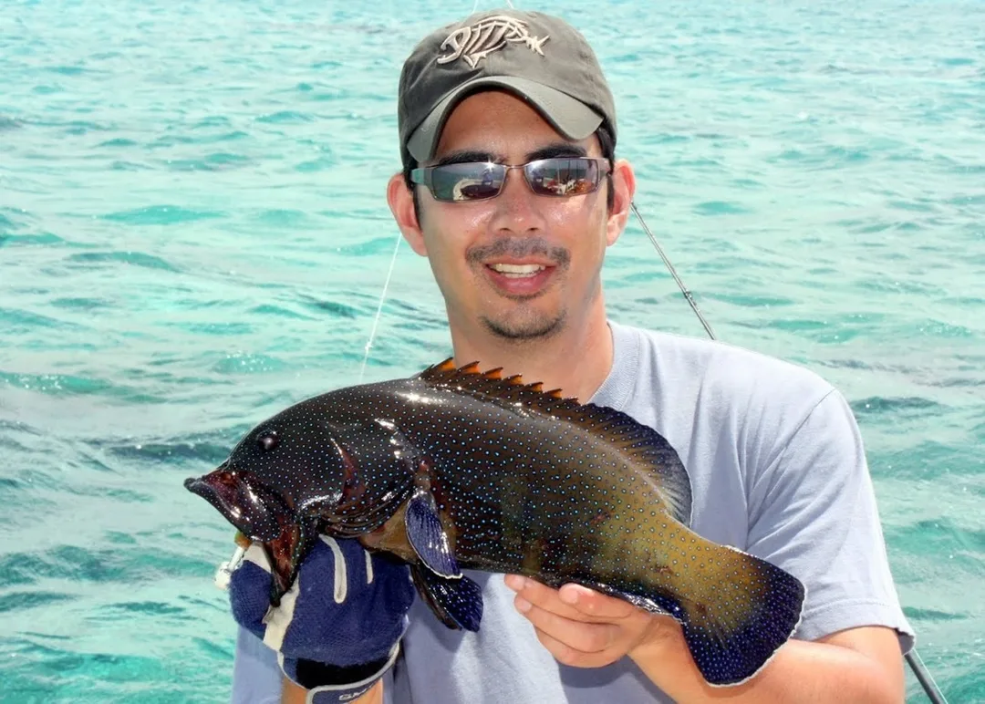 The Peacock Rockcod, also known as the Peacock Grouper.  Not very big, but tasty.  This one fell for a soft plastic in New Caledonia.