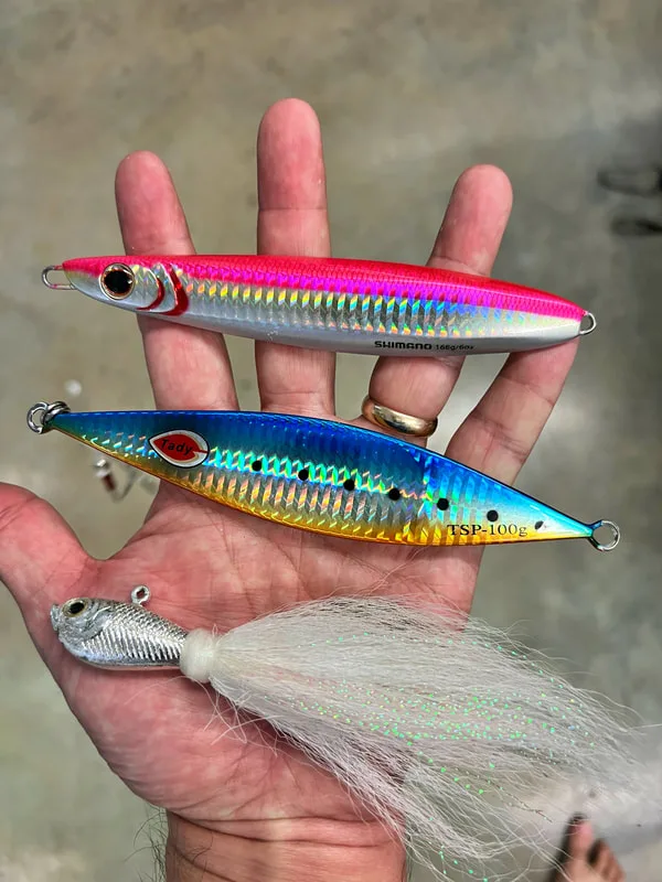 Top to bottom: Shimano Butterfly Flatside jig, Tady slow pitch jig, Spro Bucktail Jig