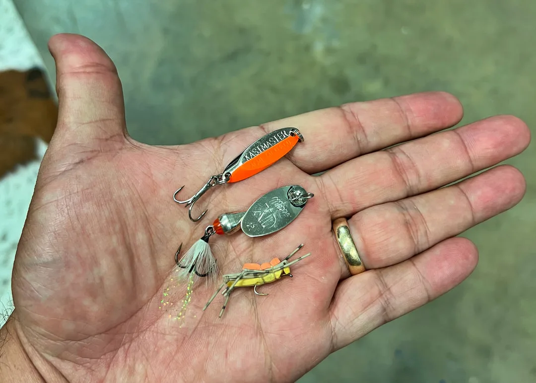 Some good Brook Trout lures: Kastmaster spoon, Mepps XD #2 spinner, grasshopper fly