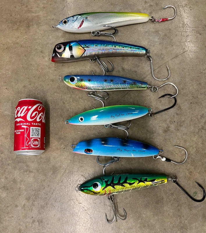 Stickbaits for GTs from top to bottom - Jackfin Pelagus (floating), Amegari Urpekari (floating), Heru Ulua (floating), Orion Big Foot (sinking), Orion Plug Tropic (sinking), Heru Bobara (sinking)