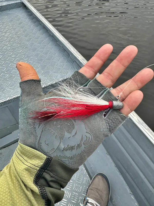 The classic Peacock bucktail jig with extended tail and rattle. Probably half of all Peacocks I have caught were on this.